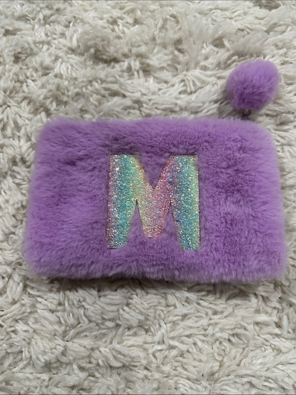 ARDENE  Lilac Fuzzy Makeup Pouch with Glitter 'M' Initial EUC